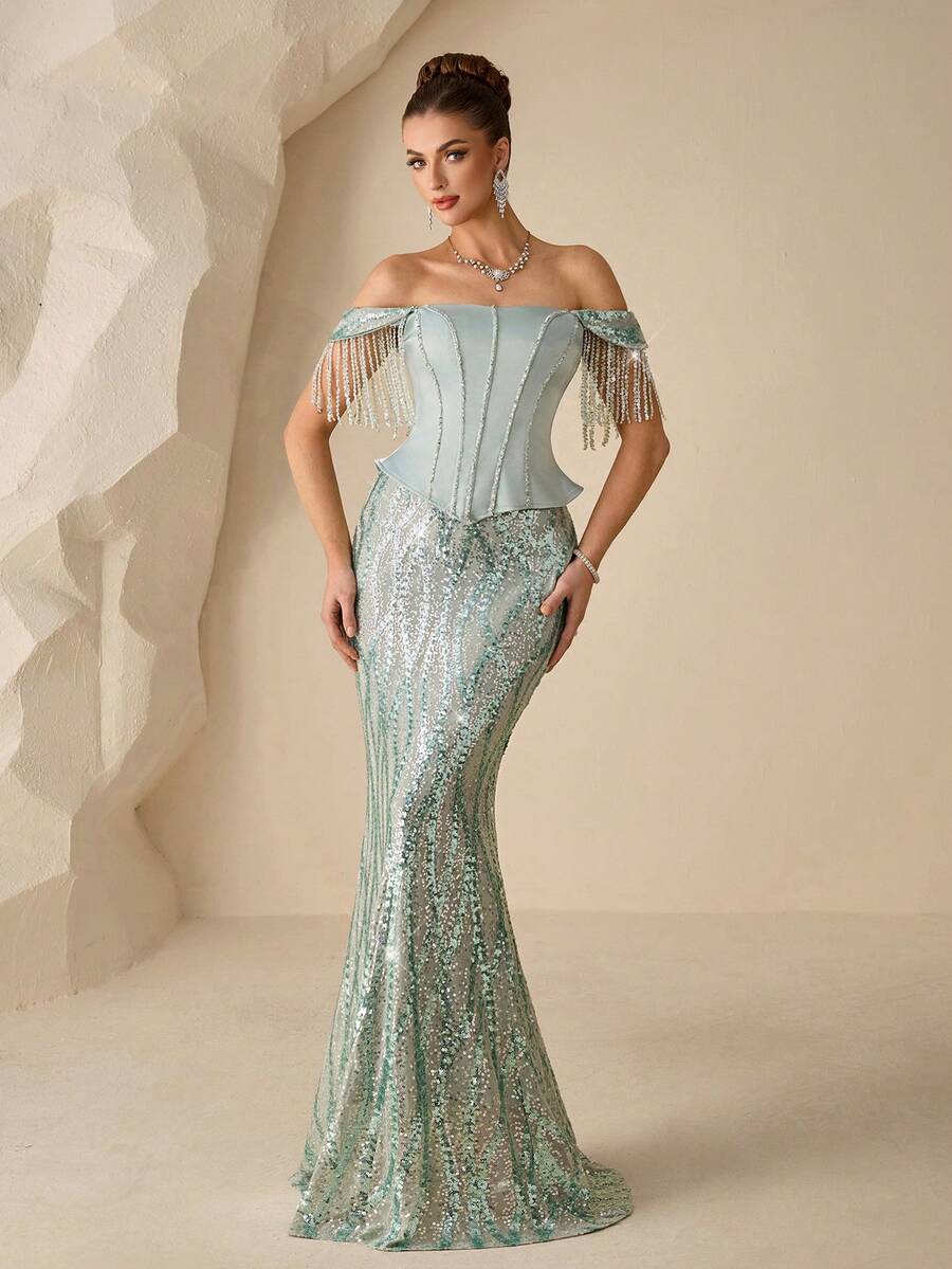 Coutiva Elegant Off-Shoulder Sequin Tassel Decor Fishtail Party Dress