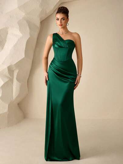 Coutiva Đầm dạ hội trang trọng, màu trơn, lệch vai, xẻ cao, dành cho nữ.