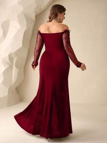 Coutiva Plus Size Women's Elegant Burgundy Winter Formal Evening Prom Gown,Off-Shoulder Lace Patchwork Sheer Long Sleeve Fitted Fishtail Hem Wedding Dress - Burgundy - View 2