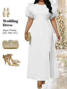 SHEIN Lady White Summer Elegant Party Wedding Guest Holiday Dresses For Women,Modest Knitted Scoop Neck Split Tiered Organza Puff Sleeve Mesh Long Plus Size Gown - White - View 1