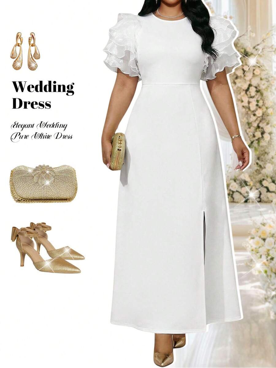 SHEIN Lady White Summer Elegant Party Wedding Guest Holiday Dresses For Women,Modest Knitted Scoop Neck Split Tiered Organza Puff Sleeve Mesh Long Plus Size Gown - White - View 1