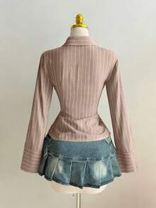Elamini Spring/Summer V-Neck Striped Collar Fitted Button-Up Sexy Bodycon Long Sleeve Office Lady Blouse - Camel - View 2