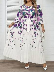 SHEIN CURVE+ Plus Size Women's Elegant White Summer Wedding Guest Printed Pleated Dress,Long Sundress For Beach Vacation,Graduation,Tea Party & Country Outfits - Purple - View 6