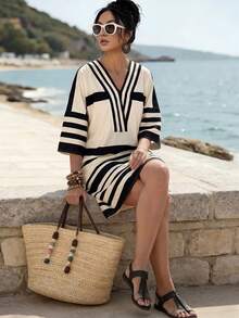 SHEIN LUNE 女士夏季新款杏色黑色条纹数码印花V领落肩短袖宽松A字休闲度假沙滩复古简约百搭日常波西米亚风中长连衣裙 - 杏色 - 查看 5