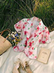 Franclia 女士夏季法式优雅简约翻领花瓣袖收腰短款不对称下摆印花休闲衬衫 - 彩色 - 查看 1