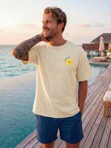 VIVINTIMO Men's Casual Loose Graphic Print Round Neck Short Sleeve T-Shirt - Apricot - View 3