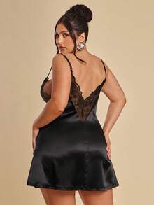 SHEIN BAE Plus Size Women's Black Summer Elegant Aniversário Satin Sleep Dress,Deep V-Neck Lace Patchwork Cami Nightdress With Adjustable Straps And Open Back - Black - View 1