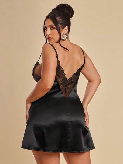 SHEIN BAE 大码女式黑色深V领蕾丝拼接迷你连衣裙