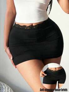 SHEIN SXY 大码女式纯色腰部蕾丝荷叶边修身迷你裙 - 黑色 - 查看 3