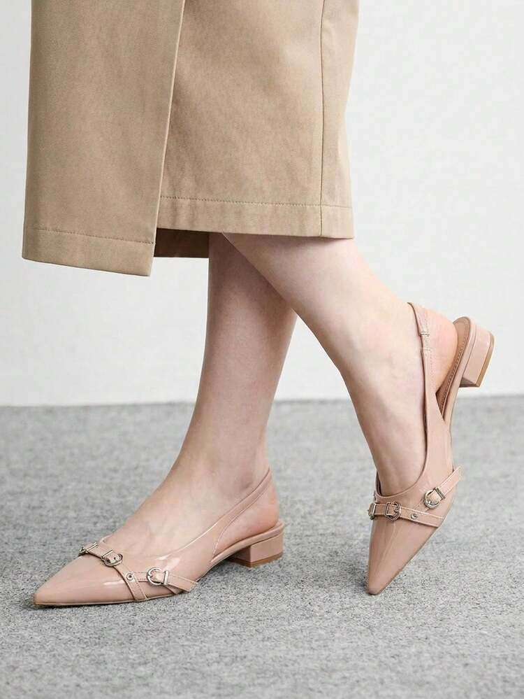 CUCCOO BIZCHIC Women Shoes Pointed Thick Heel Apricot Belt Buckle Sexy Fashion Elegant With Skirt Daily Versatile Banquet Party Women Flat Shoes Slingback Shoes