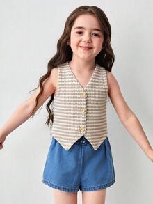 年轻女孩条纹印花纽扣前背心 - 白色 - 查看 9