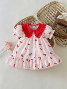 SHEIN Newborn Cute Cartoon Heart Pattern Suspender Bow Decor Princess Dress, Suitable For Spring/Summer Outings, Vacations And Parties - Brown - View 7