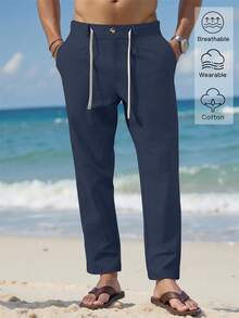 VENTUSAIL Men Solid Drawstring Waist Pants Tapered Long Slacks Linen Cool Plain Going Out, Fall - Navy Blue - View 4