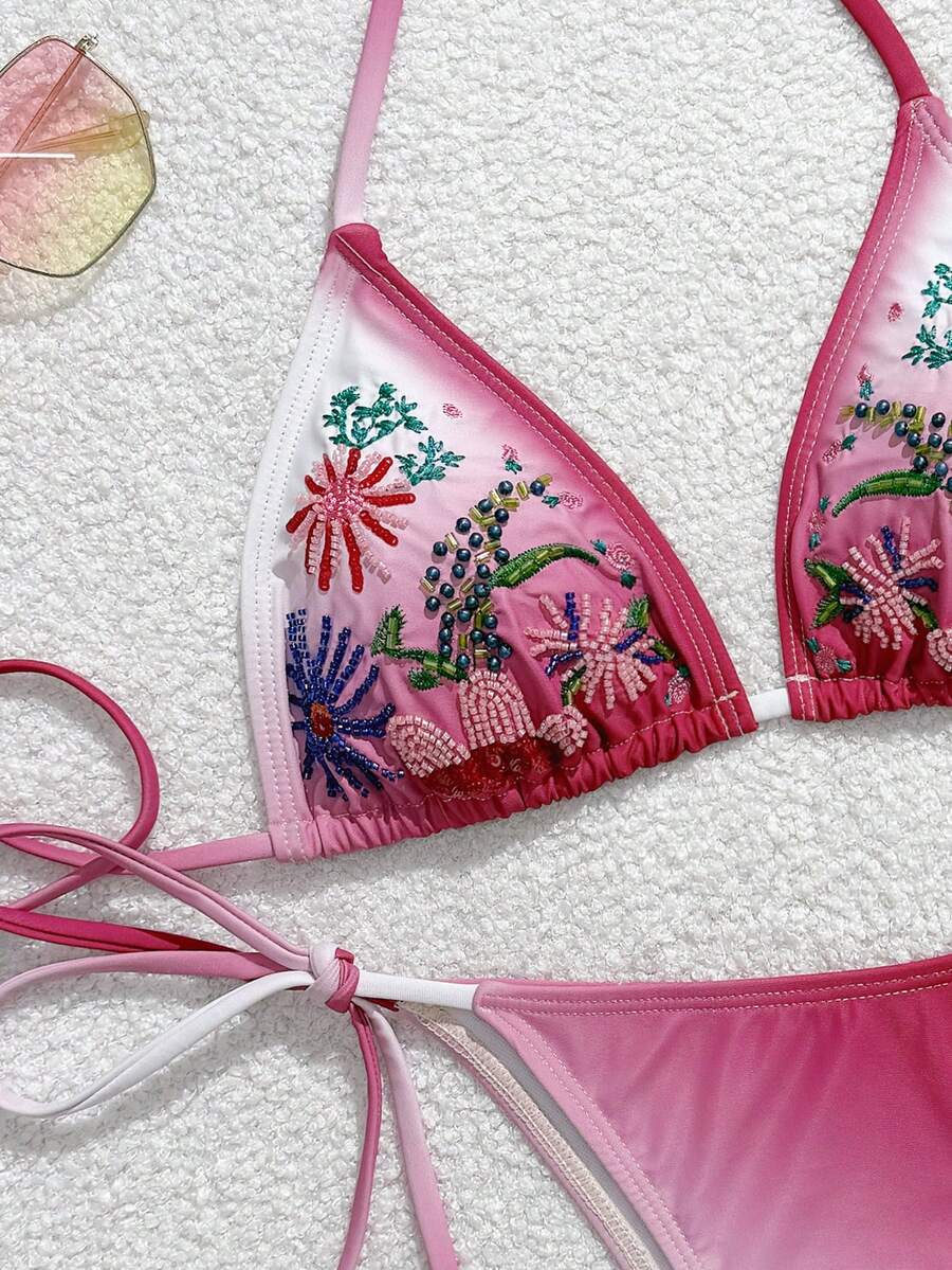 Swim Mod Embroidered Summer New Halter Strap Women's Swimsuit Ombre Floral Beaded Triangle Bikini Set, Beach Holiday Swimwear - Purple - View 1