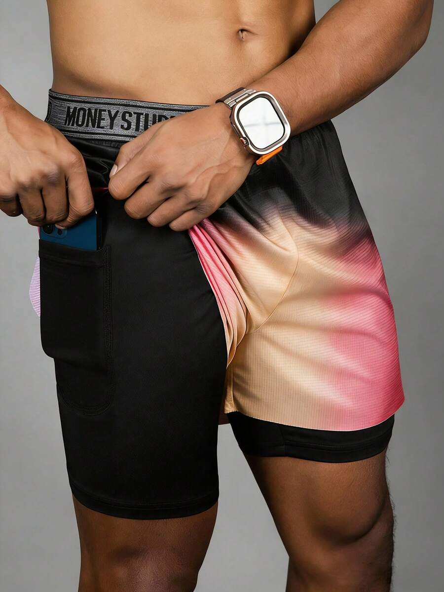 Acti Log Men's Letter Waistband Tie-Dye Print Pocket Double Layer Sports Shorts Sweat Pants - Multicolor - View 1