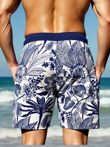 Manfinity Swimmode Quần short đi biển nam thời trang, họa tiết nhiệt đới. - Xanh và trắng - Xem 2