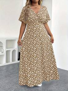 EMERY ROSE Gaun Maxi Bohemian Ukuran Plus Motif Bunga Kecil, Gaun Lengan Pendek Polkadot Leher V yang Modis dan Seksi, Gaun Maxi Bohemian - Khaki - View 5