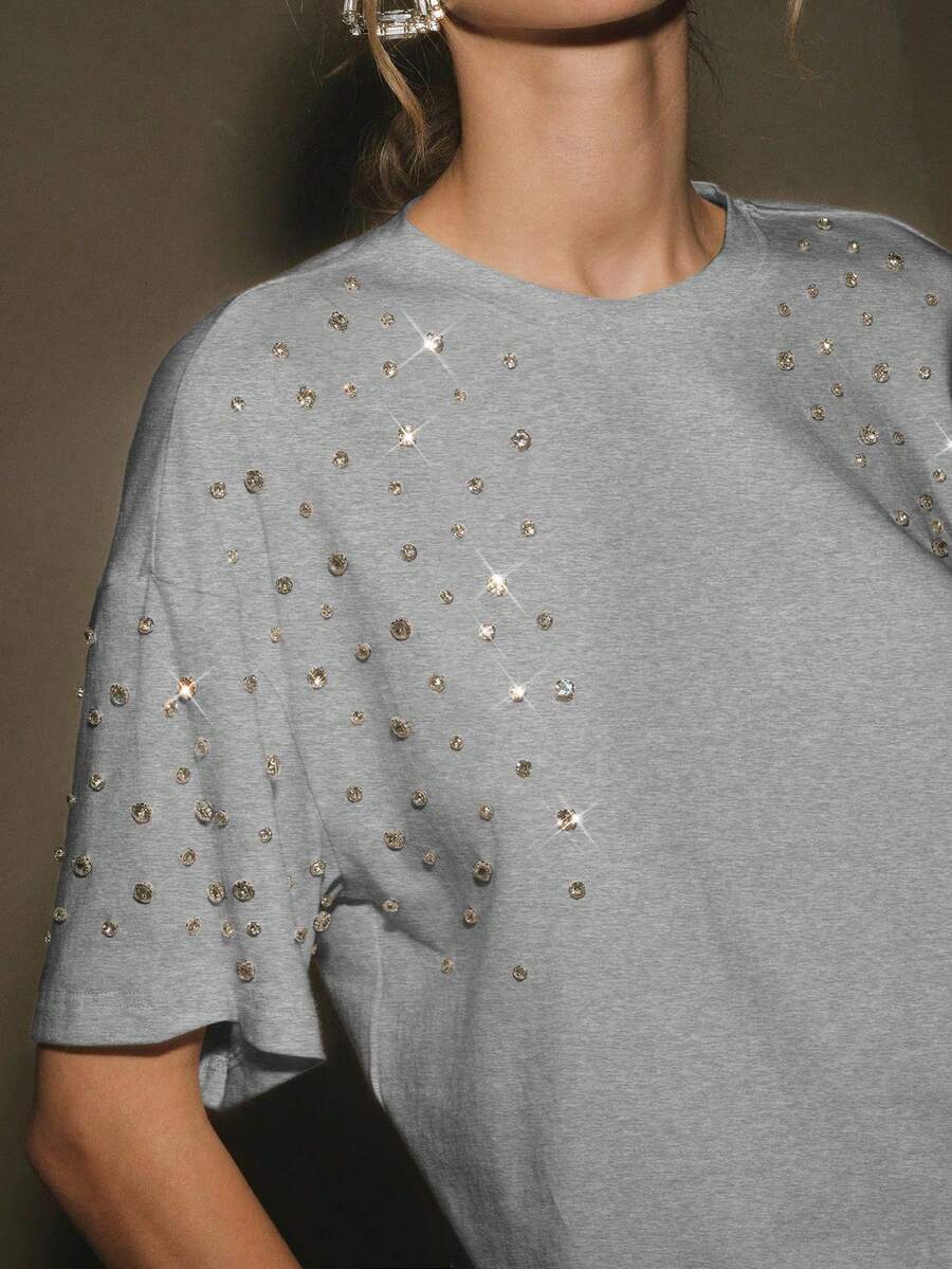 Anewsta Women's Casual White Round Neck Short Sleeve Rhinestone Embellished Top - Grey - View 1