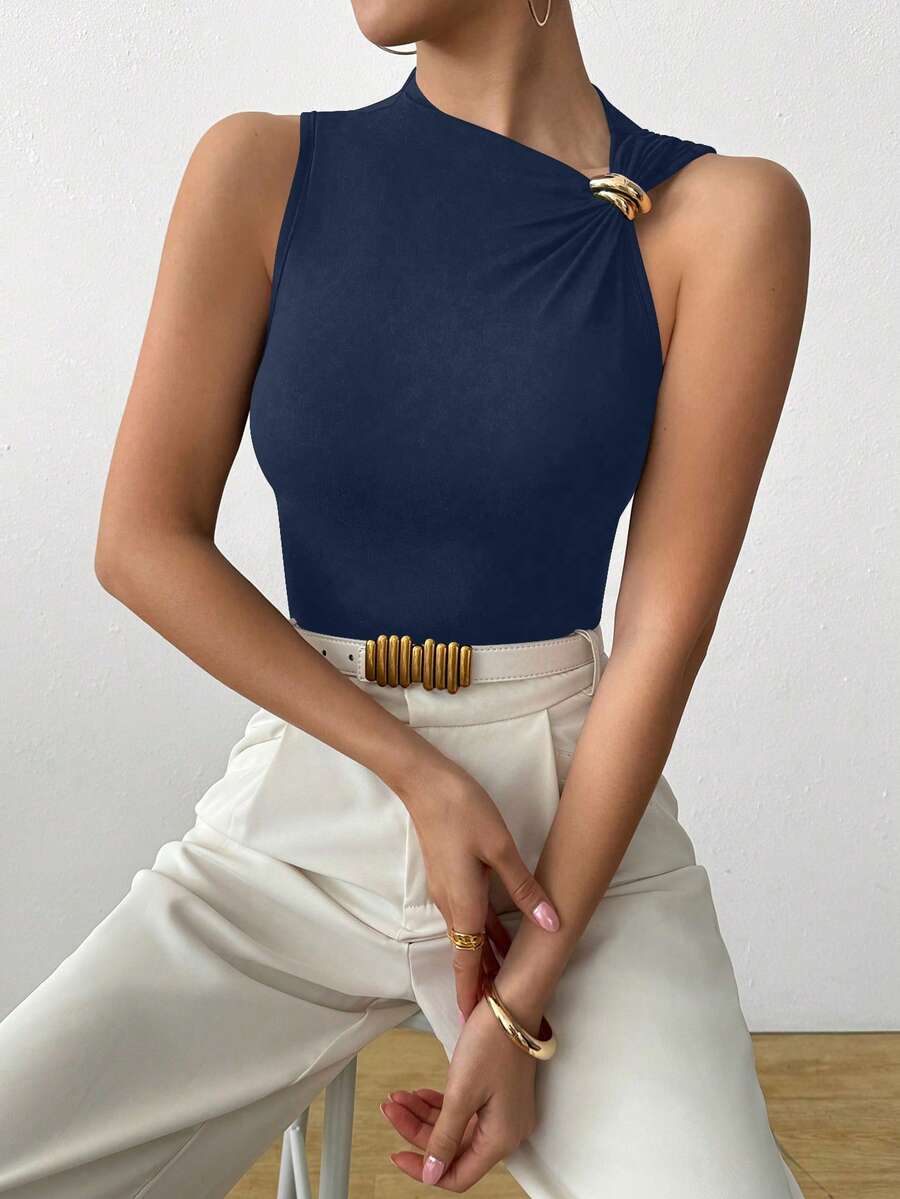 Raffinéva 女士纯色修身时尚金属装饰吊带背心 - 寶藍色 - 查看 1