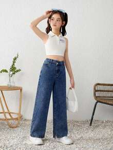 SHEIN Tween Girls Y2K Spring Summer Boho Stonewashed Causal Split Hem Irregular Waist Baggy Wide Leg Denim Jeans,Girls Summer Clothes Outfits - Medium Wash - View 5