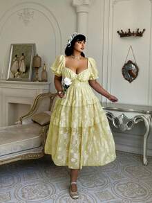 Lyrianda Mùa xuân, mùa hè, kỳ nghỉ, đầm dạ hội dài tay dáng chữ A bằng vải chiffon Pháp cao cấp, chất liệu jacquard dệt họa tiết, có nơ trang trí, cúp ngực, ôm eo, dáng maxi xòe bồng bềnh dành cho nữ. - Màu vàng - Xem 4