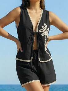 Swim Chiccia Women's Coconut Tree Pattern Tie Front Casual Vacation Pullover Top - Black and White - View 8