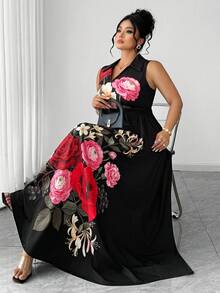 Elenzga Vestido Elegante Preto Plus Size com Estampa Floral de Verão, Sem Mangas, Cintura Marcada, Decote em V, Corte em A, Estilo Retrô Francês Minimalista para Convidada de Casamento - Preto - Visão 4