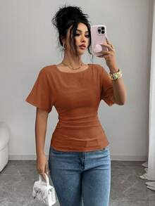 SHEIN Elenzya 女士优雅收腰露背设计T恤，夏季新品 - 棕色 - 查看 4