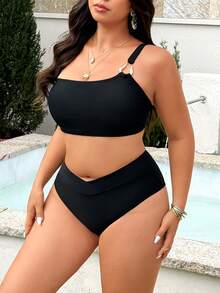 Swim Vcay Plus Size Women Summer Beach Solid Color Metal Decor Linked Bikini And Triangle Briefs Swimwear Set - Black - View 5