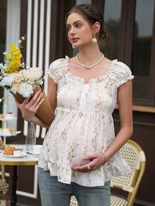 Momance Maternity Top With Wide Strap, Frill Trim, Front Button, Elastic Waist, Gathered Back, Ruffle Hem, Floral Print - White - View 1