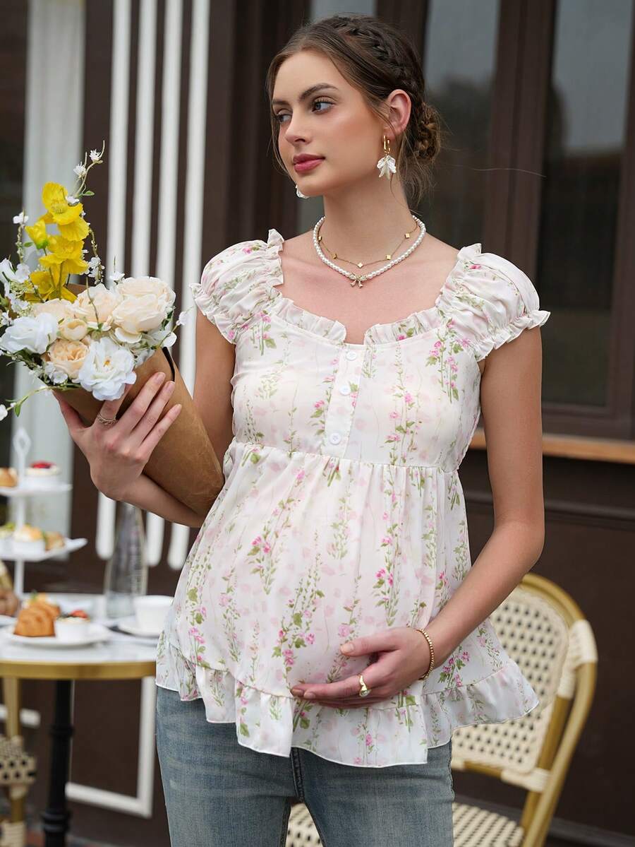 Momance Maternity Top With Wide Strap, Frill Trim, Front Button, Elastic Waist, Gathered Back, Ruffle Hem, Floral Print - White - View 1