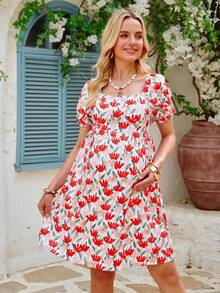SHEIN Maternity Floral Print Ruched Casual Vacation Puff Sleeve Dress - Multicolor - View 6
