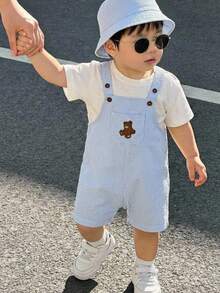 LMoss Kids Baby Boy Casual Cute Versatile Striped Cartoon Bear Pattern Bib Shorts With Hat,Kids - Blue - View 2