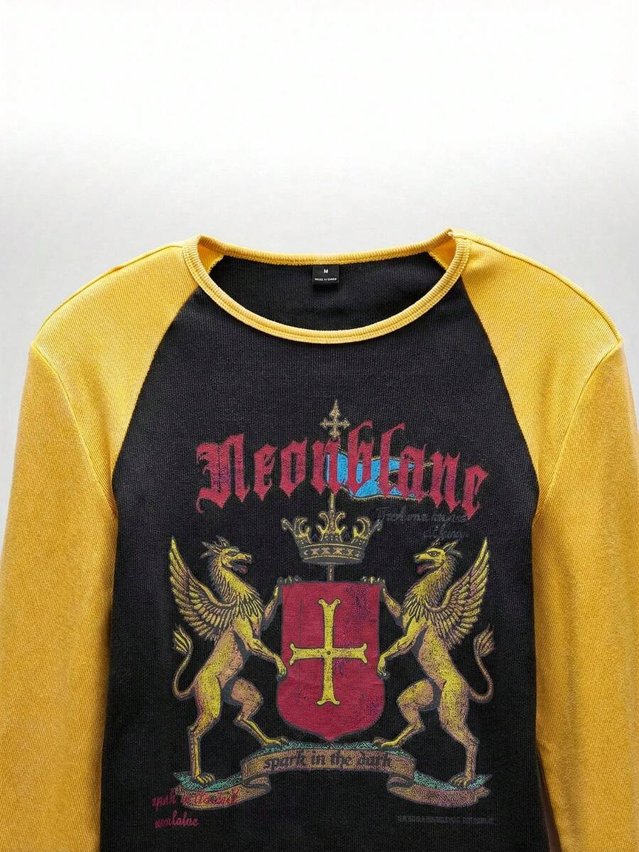 NEON BLANC Men's Letter Print Contrast Color Raglan Long Sleeve Casual T-Shirt - Black - View 1
