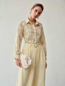 MOTF PREMIUM MINIMALIST ELEGANT 3D FLORAL EMBROIDERED LINEN 2 PIECES SET FOR WOMEN, YELLOW - Apricot - View 5