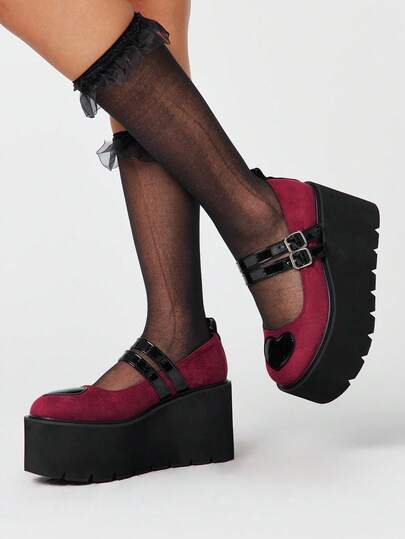 ROMWE Grunge Punk Women Shoes Fashionable Platform Shoes, Retro Round Toe Buckle Front Row Love Decoration, Casual Vacation Nightclub Party Commuter Office