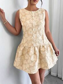 Elenzga Plus Size Women's Elegant Round Neck Ruffle Trim Jacquard Fabric Dress, Suitable For Daily, Office, And Casual Wear, Spring/Summer - Apricot - View 3