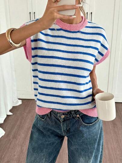 Siren Gaze Women's Contrast Stripe Round Neck Batwing Short Sleeve Casual Knit Top