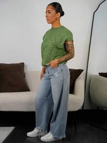 SAYEHFBABY 女士休闲纯色 3D 花卉短袖针织上衣 - 軍綠色 - 查看 6