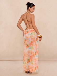 Lumalex 花卉印花彩色串珠配饰长裙，时尚性感露背吊带沙滩比基尼三件套 - 彩色 - 查看 17