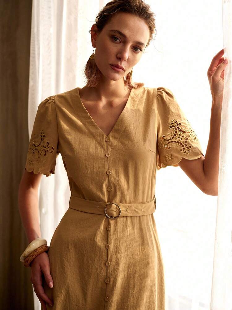 WOMEN'S V-NECK HOLLOW OUT EMBROIDERED MID-LENGTH DRESS
