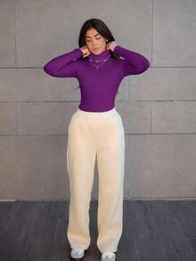 Hitanina Turtleneck Ribbed Knit Sweater Without Necklace,Long Sleeve Tops Knit Pullover Fall Winter - Purple - View 5