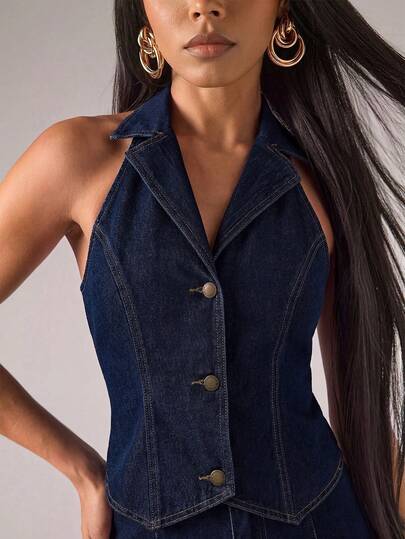 Firerie Women's Fashion Solid Color Lapel Sleeveless Summer Front Button Denim Jacket Summer Carnival Costume Commuting Vacation Graduation Chic Y2k Cute Streetwear Party Wedding Elegant Business Casual Woman Business Beach Graduation Easter Women Sleeveless Denim Halter Top V Neck Button Front Fitted Jean Vest For Summer Fashion Stylish Women Dark Wash Denim Halter Button Up Vest Top Sleeveless V Neck Jean Blouse
