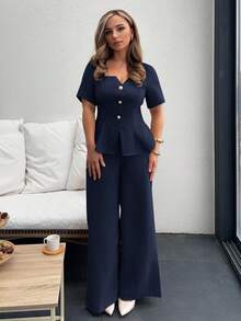 Jeta Ari 新款时尚法式女装春夏修身设计感 A 字型方领衬衫 + 阔腿直筒裤 2 件套 - 藏蓝色 - 查看 7