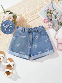 SHEIN Quần short jean denim dáng suông, họa tiết nơ thêu, có túi, gấu quần xắn lên, thích hợp cho bé gái tuổi teen phong cách Y2K, mùa xuân hè, đi biển. - Rửa trung bình - Xem 1
