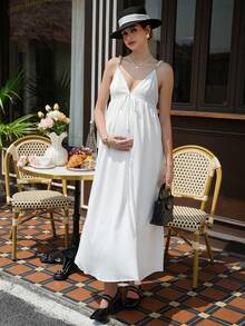 Momance V领系带露背长款孕妇连衣裙 - 白色 - 查看 6