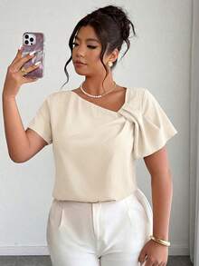 Elenzga Blus Elegan Berkerah Asimetris dan Lipit untuk Wanita Ukuran Plus Musim Semi/Panas - Aprikot - View 5