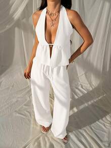 SHEIN EZwear 女款白色夏季休閒度假兩件套，編織掛脖上衣與寬腿褲，聖托里尼希臘度假風套裝，早午餐穿搭套裝 - 白色 - 查看 7