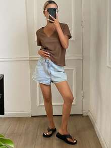 Livesso Áo thun nữ cổ chữ V tay ngắn màu trơn, dáng rộng, phong cách thường ngày. - màu nâu - Xem 4