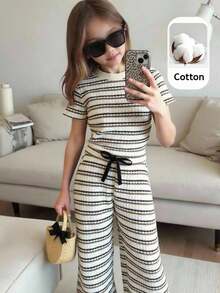 Bộ 2 món gồm áo thun cổ tròn kẻ sọc và quần ôm dáng cho bé gái, trang phục trẻ em. - Nhiều màu - Xem 1